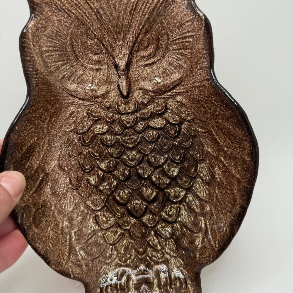 Vintage Owl Glass Dish Trinket‎ Candy Tray Brown Metallic Shimmer Accent Decor